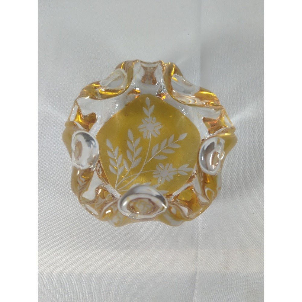 Vintage Crystal Ash Tray Amber Base Clear Upper Etched Floral Design